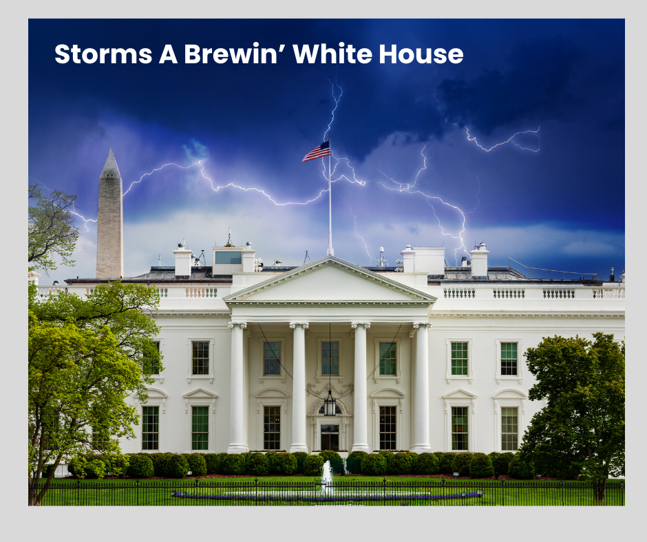 Lightning flashing above the White House during stormy weather.