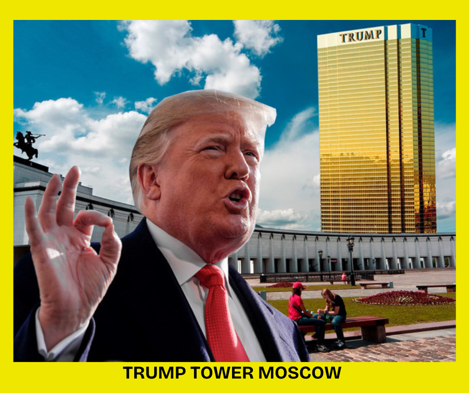 Donald Trump is standing in the foreground with a golden Trump Tower in the background.
