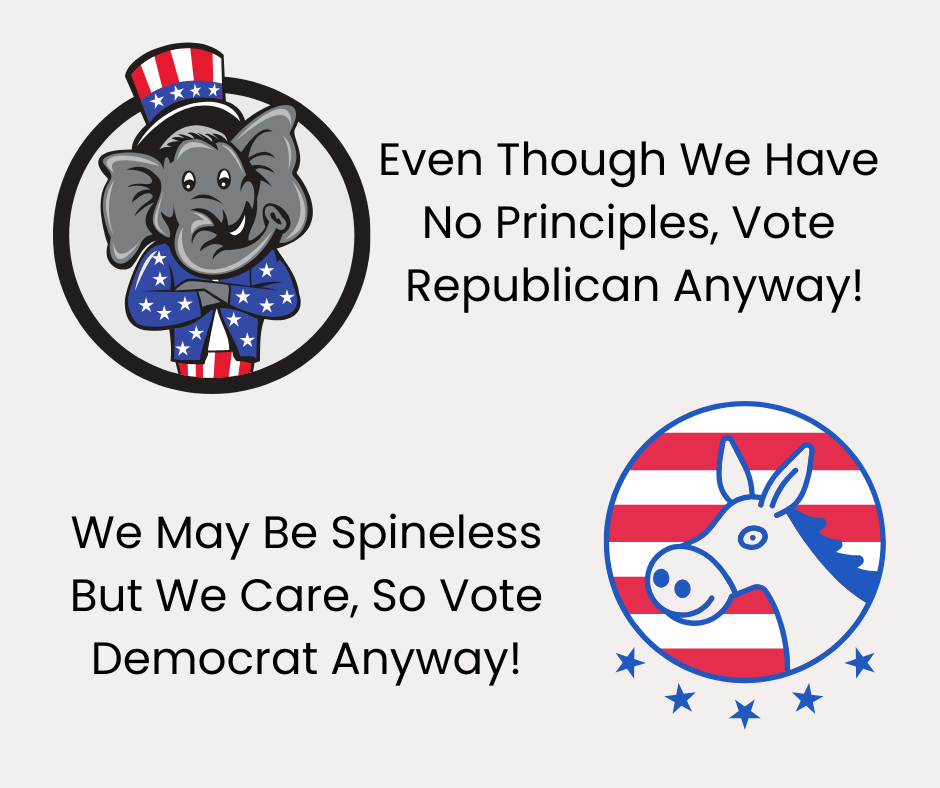 Cartoon logos for the Republican and Democratic parties.