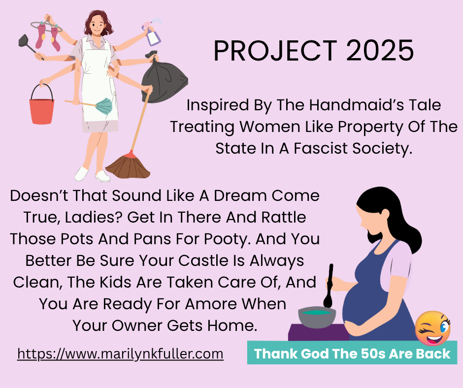 A woman with seven arms each holding something to clean with that a housewife would need. And another woman who is pregnant and cooking.