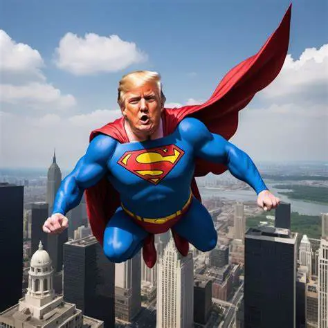 Trump in a Superman outfit flying over New York City.