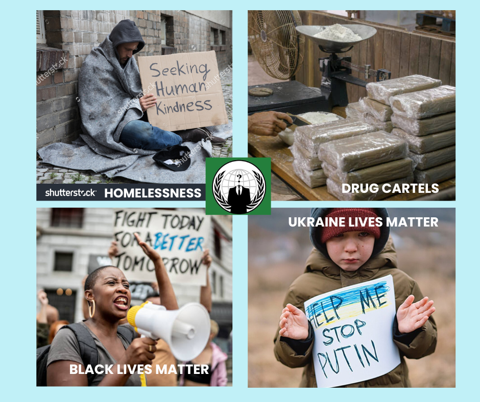 Four different pictures that include a homeless man with a sign that says "Seeking Human Kindness"; A stack of packaged drugs waiting to be sold by the drug cartels; A Black woman at a protest with a sign behind her that says "Fight today for a better tomorrow," and a little boy in Ukraine holding a sign that says "Help Me. Stop Putin."