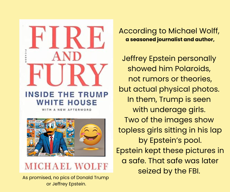 This is the front book cover of "Fire And Fury". As promised, I replaced Donald Trump's face with Donald Duck and a mischievous smiling icon next to him.