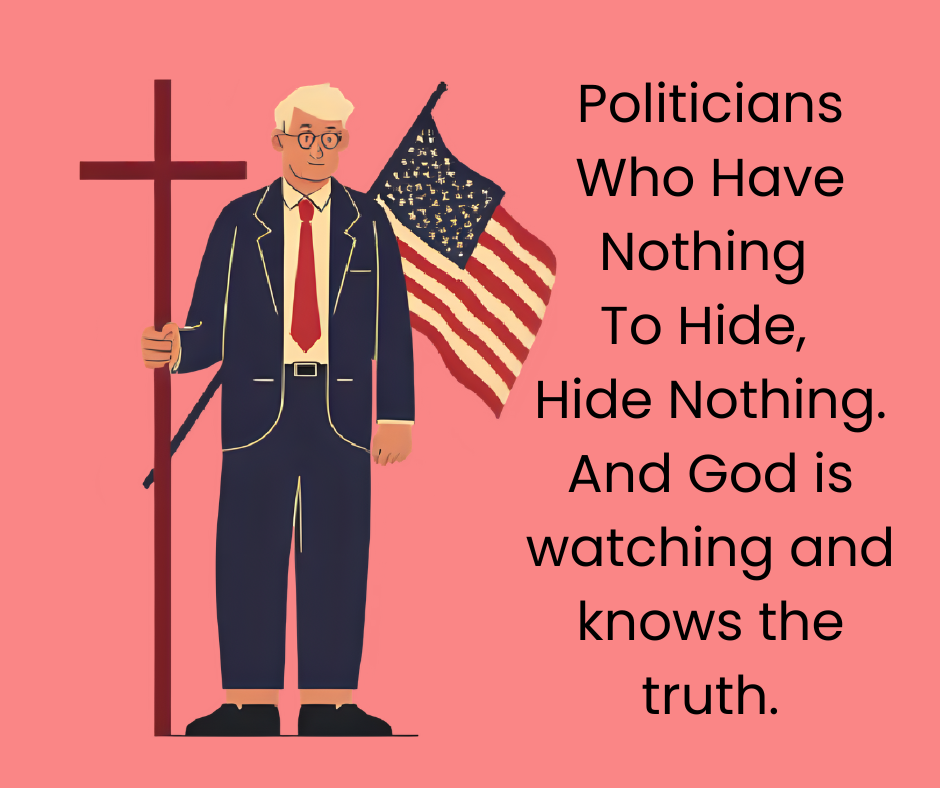 A graphic image created by Canva AI of a politician dressed in a navy blue suit, a white shirt, and a red tie, holding a cross and the United States flag.