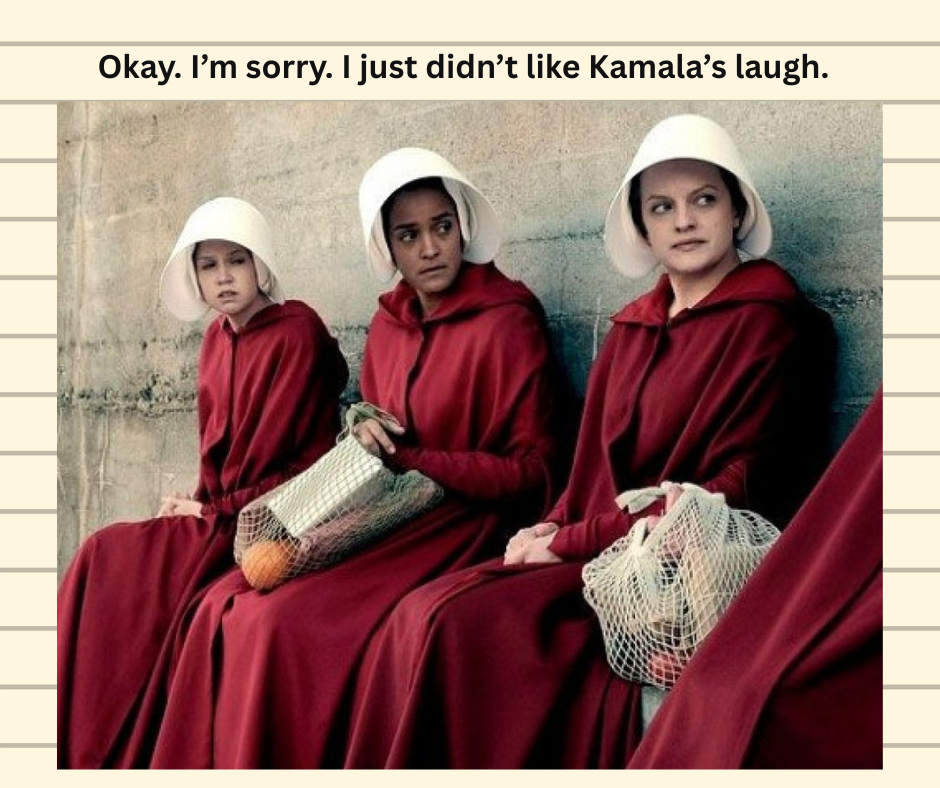 Three women dressed alike in handmaidens' clothing, glaring at the woman who voted for Trump instead of Kamala Harris. Now they live without any freedoms.