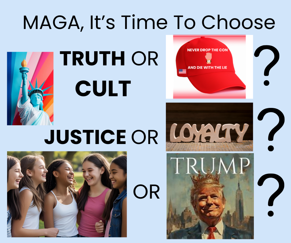 Five images are in this graphic: Lady Liberty, a red MAGA hat, a loyalty sign, a group of young girls, and Trump with a crown on his head. There are also three large question marks.