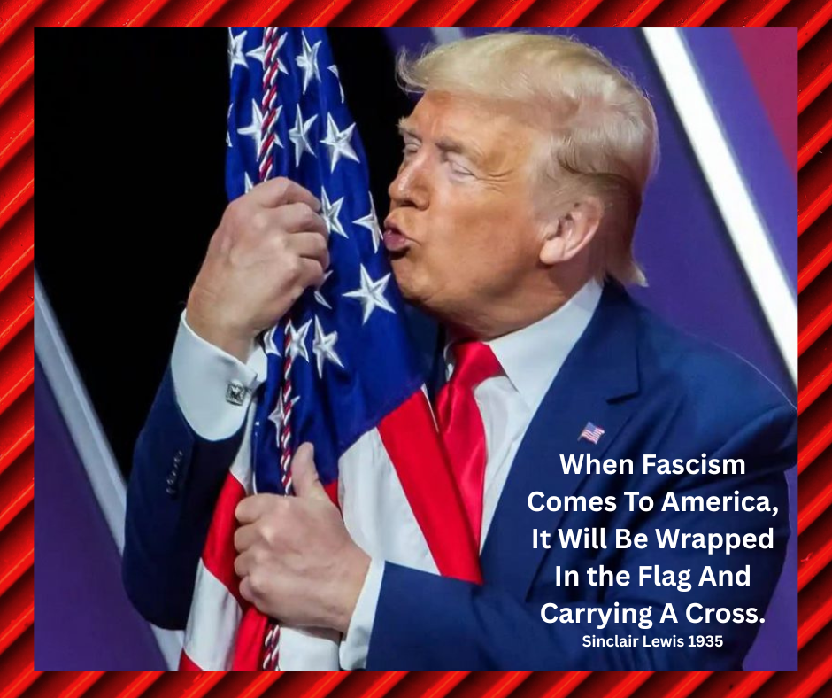 Donald Trump is hugging and kissing the United States flag while holding it close to his body.