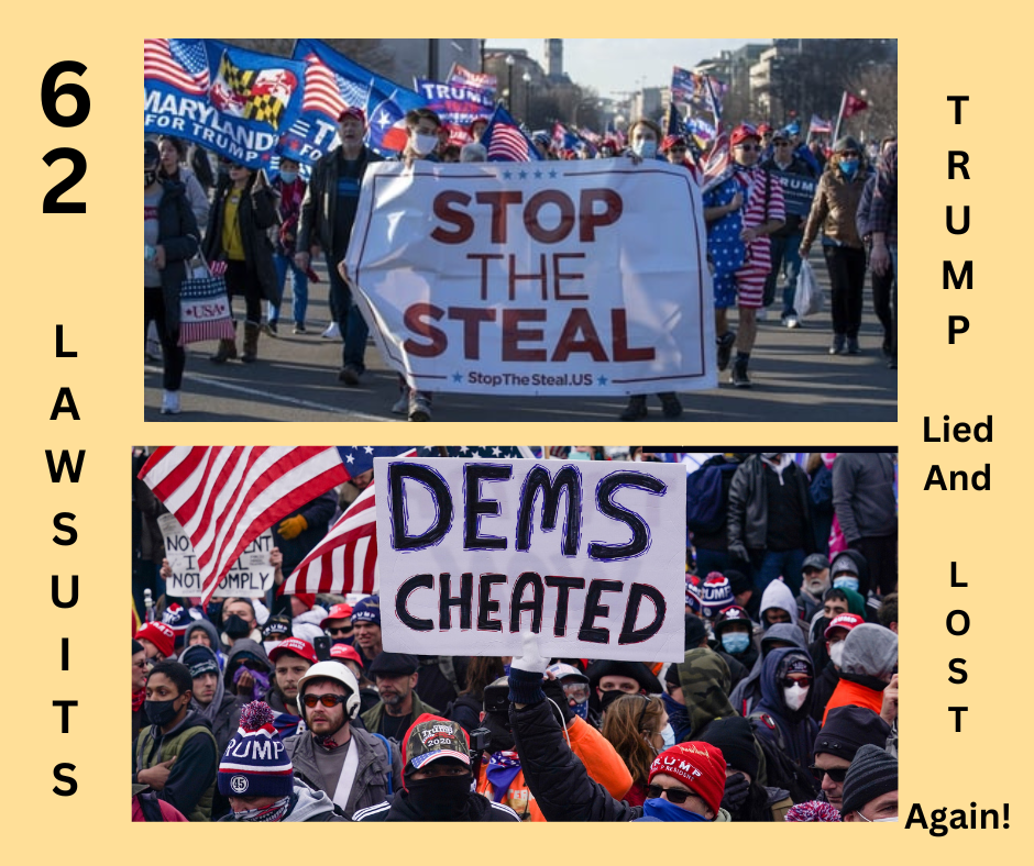 The top image is a "Stop The Steal" protest, and the picture below it is another protest with a large banner, "Dems Cheated."