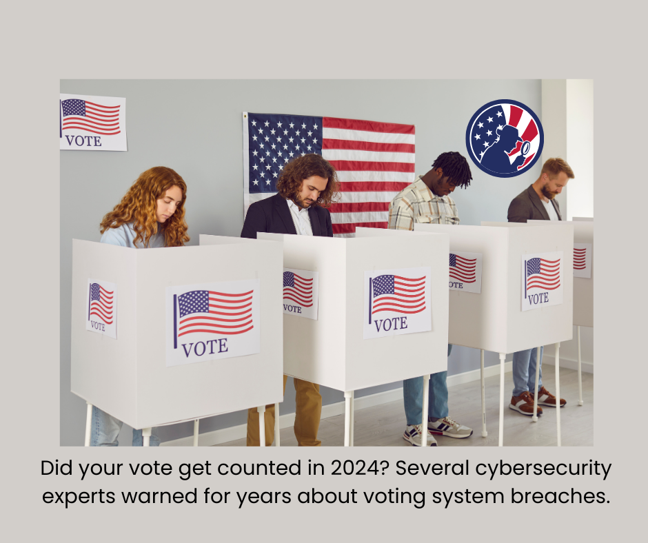 Four voters are in a booth and in the process of voting during the election.