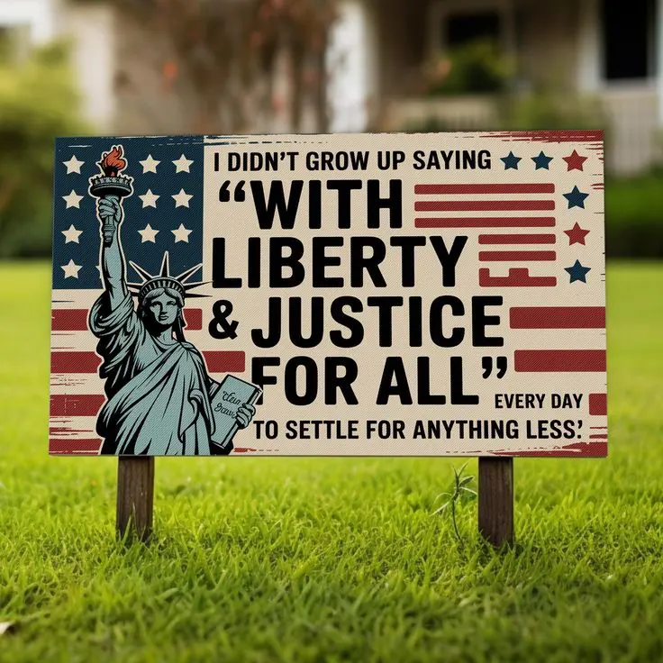 Lady Liberty with the American flag as the background with the words, "I didn't grow up saying With Liberty & Justice for All every day to settle for anything less."