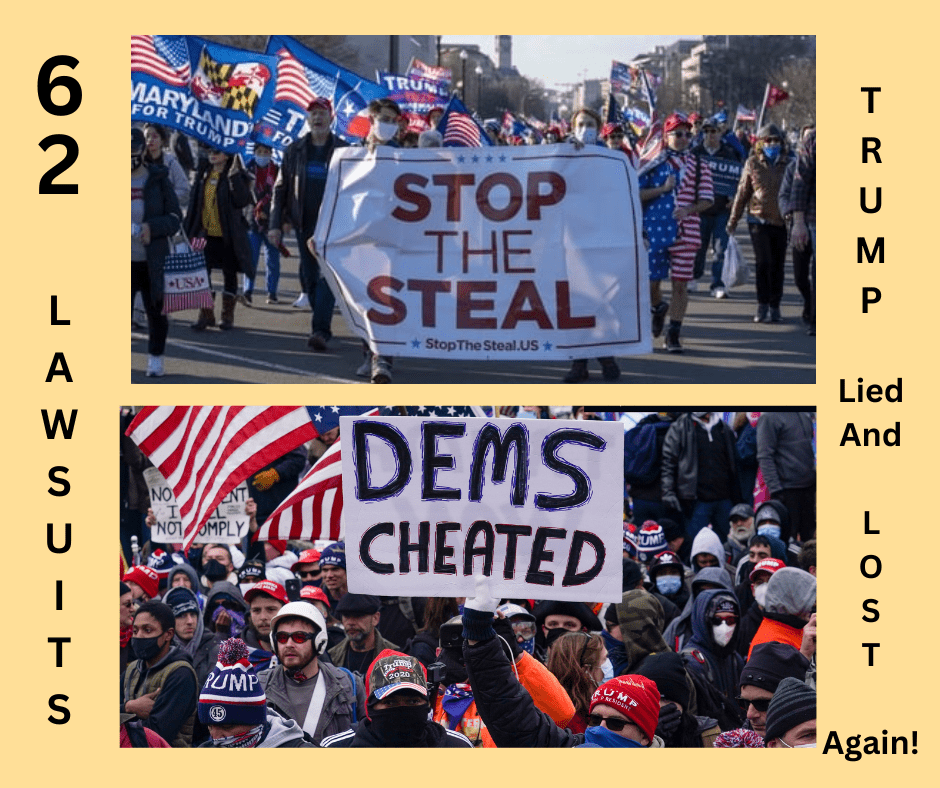 The top image is a "Stop The Steal" protest, and the picture below it is another protest with a large banner, "Dems Cheated."