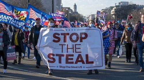 Trump supporters marching in a protest in Maryland carrying United States flags and a giant banner with "Stop The Steal."