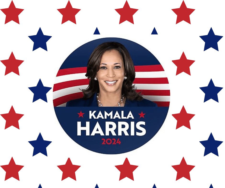 Kamala Harris' 2024 campaign photo with a red, white, and blue background surrounded by red and blue stars.