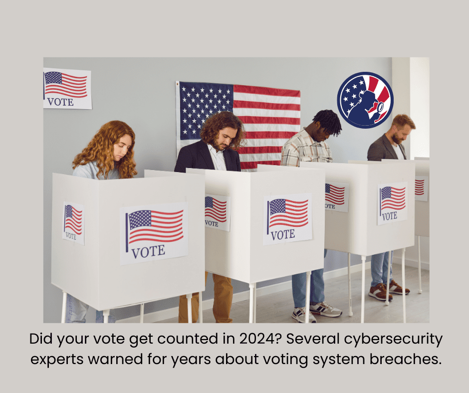Four voters are in a booth and in the process of voting during the election.