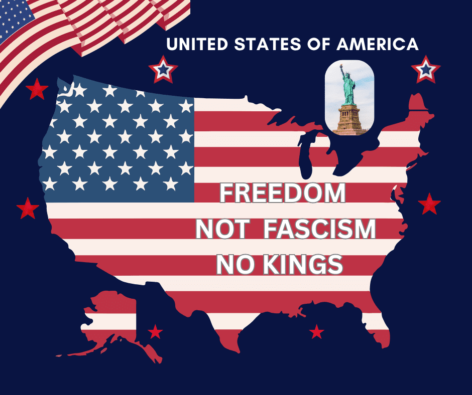 Outline of the United States using the American flag and its colors of red, white, and blue with the words Freedom, Not Fascism, No Kings.   