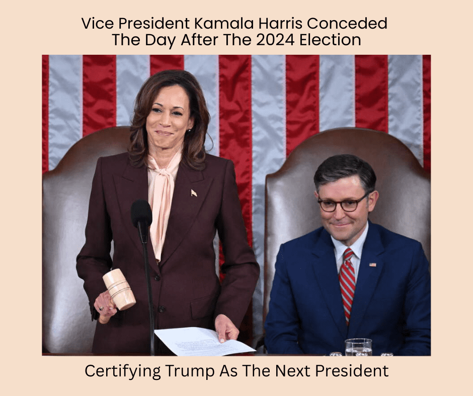 Vice President Kamala Harris is holding a gavel and standing next to a seated Mike Johnson, certifying the 2024 election.