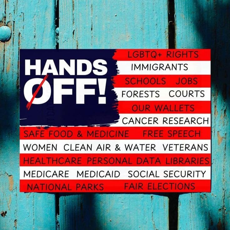Wood sign of the American flag with the words "Hands Off!" LGBTQ+ Rights, Immigrants, Schools, Jobs, Forests, Courts, Our Wallets, Cancer Research, Safe Food & Medicine, Free Speech, Women, Clean Air & Water, Veterans, Healthcare, Personal Data, Libraries, Medicare, Medicaid, Social Security, National Parks, Fair Elections.