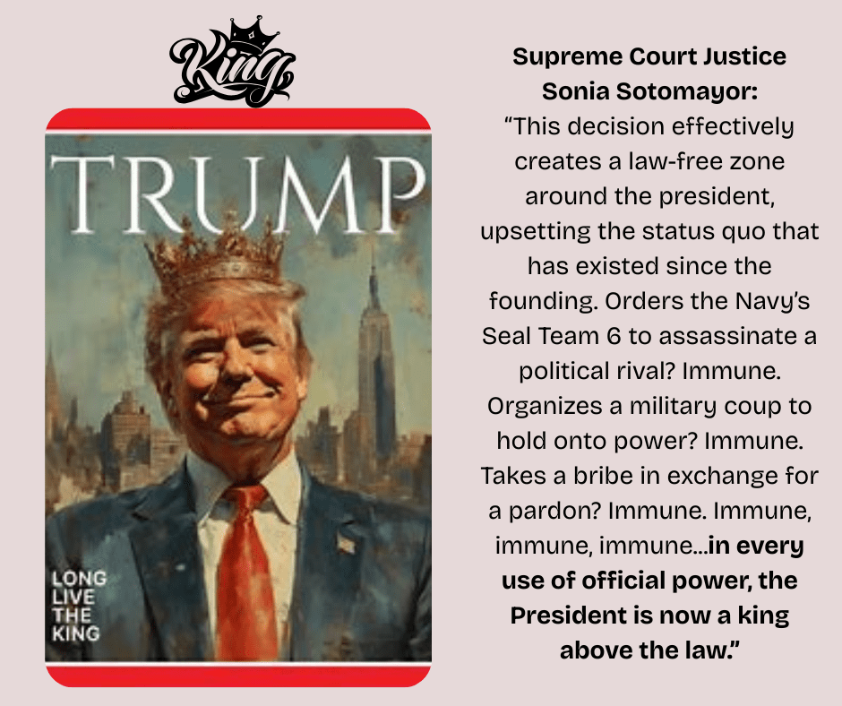 Graphic of Trump with a crown on his head with the words "Long Live The King".