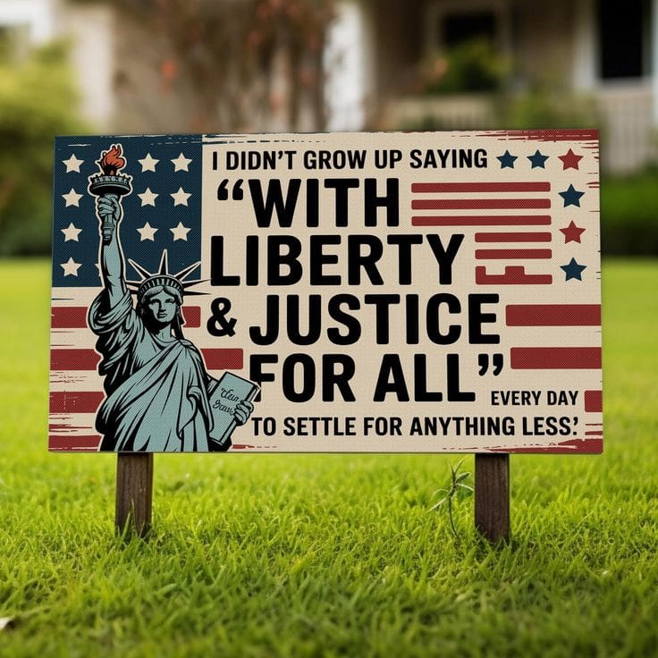 Lady Liberty with the American flag as the background with the words, "I didn't grow up saying With Liberty & Justice for All every day to settle for anything less."