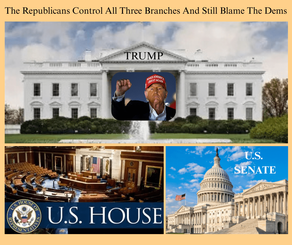 Photo of the White House with TRUMP above it and Donald Trump raising his fist with his red hat on. Then pictures of the U.S. House and U.S. Senate.