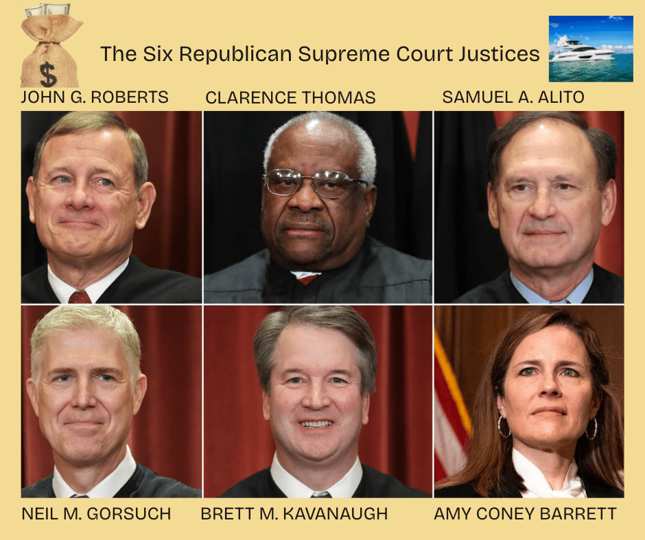 Collage of the six Republican Supreme Court Justices: John Roberts, Clarence Thomas, Samuel Alito, Neil Gorsuch, Brett Kavanaugh, and Amy Coney Barrett.