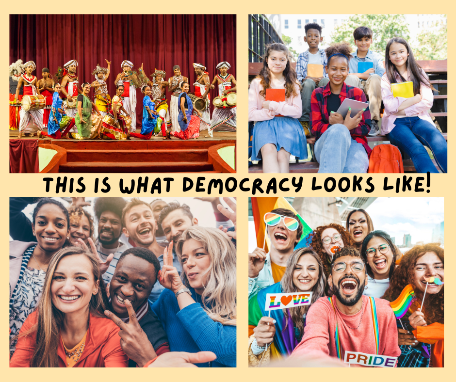 A collage of four photos showing people of different cultures and communities..