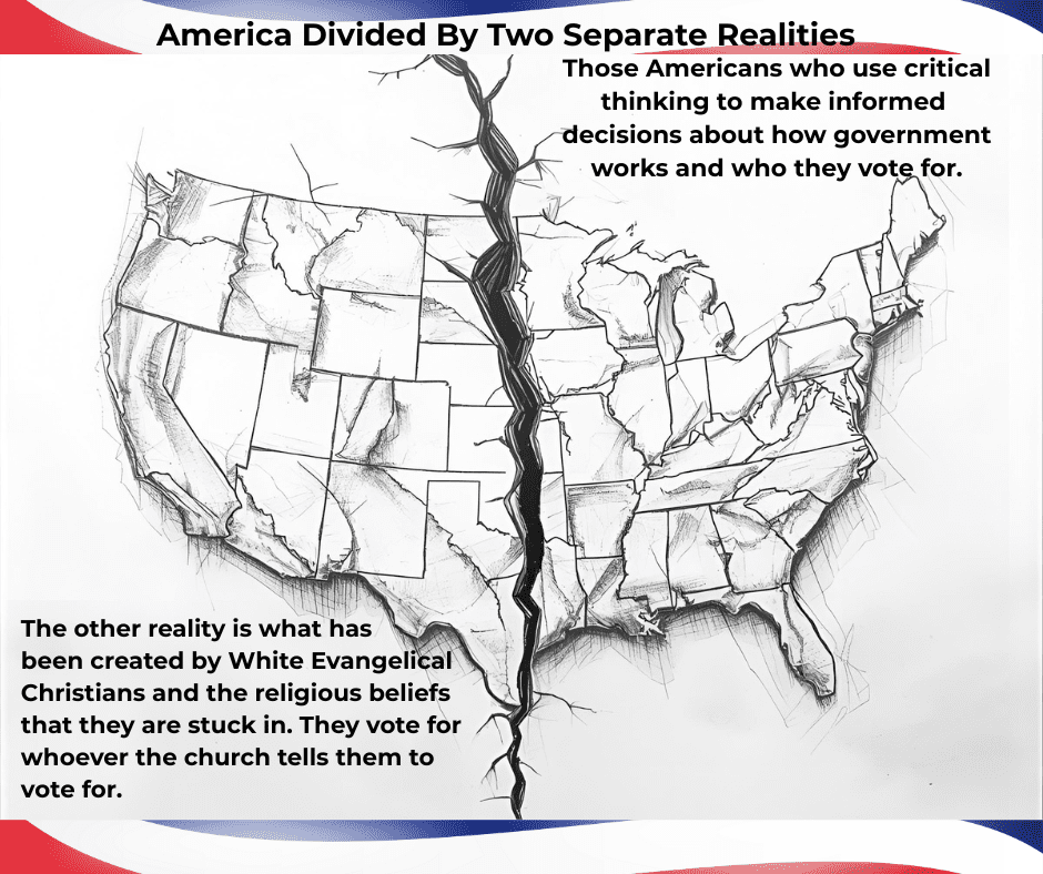 Map of the United States with a large black crack running through it, dividing the country.