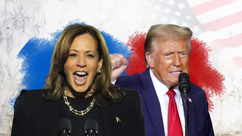 Kamala Harris and Donald Trump are side by side during the 2024 campaign, being very animated with their expressions.
