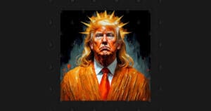 Image of Donald Trump with a gold crown of thorns on his head dressed in a white shirt with a read tie and gold suit jacket.