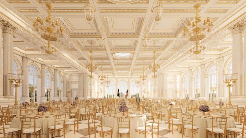 Design for the gold Trump Ballroom that will cost about $300 Million or more reportedly paid for by private funders who are his billionaire supporters. One hand washes the other Pay to Play Scheme.